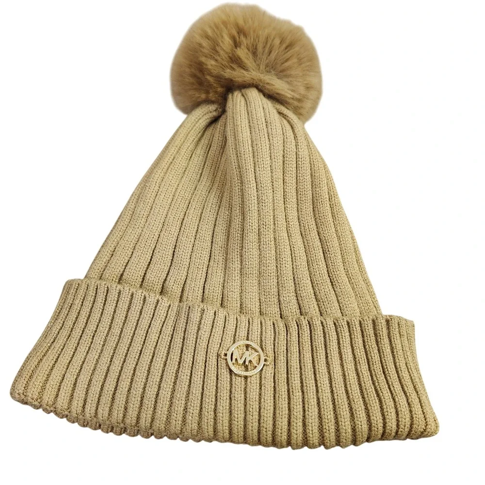 Michael Kors Faux Fur fleece-lined Pom Beanie Hat Winter Knit Cap Gold Logo Warm